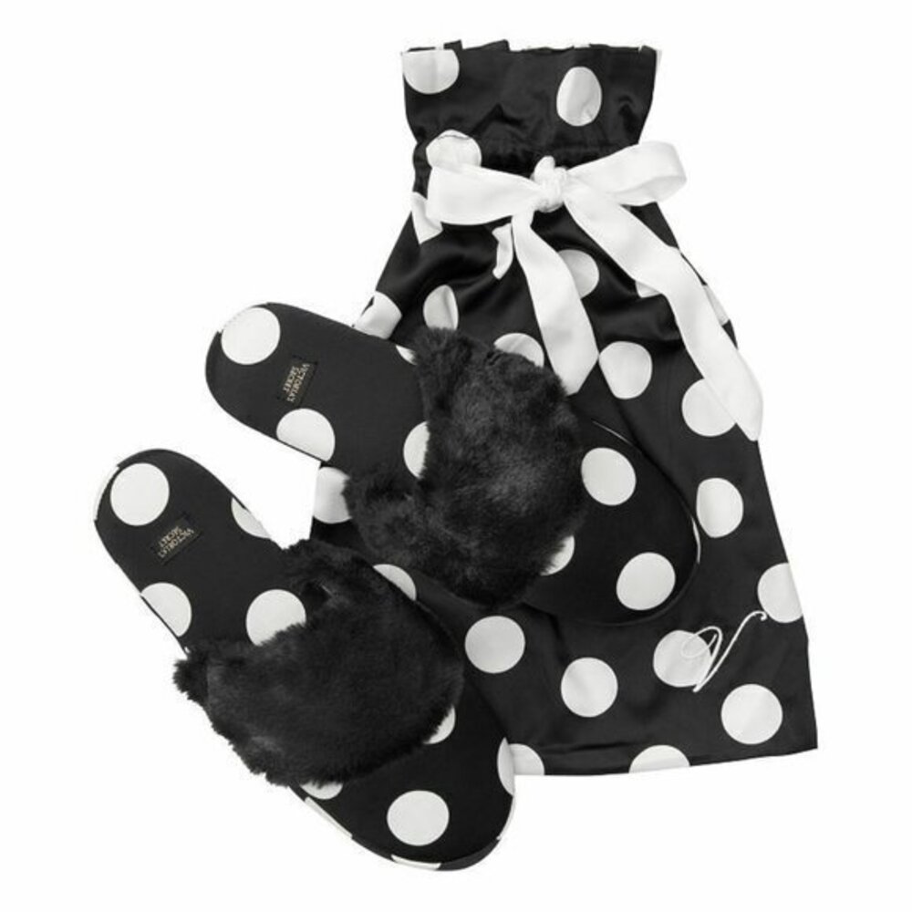 Victoria's Secret Satin Slippers Black Dots M 7-8